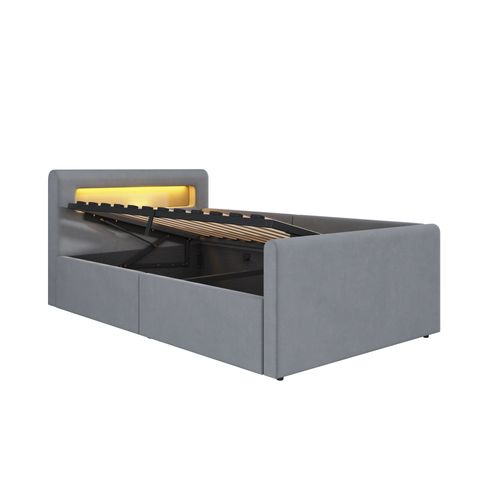 Lit Coffre Simple 90x200 Cm - Rangement Et LED, Port USB, Tissu Velours Et Métal, Gris Clair