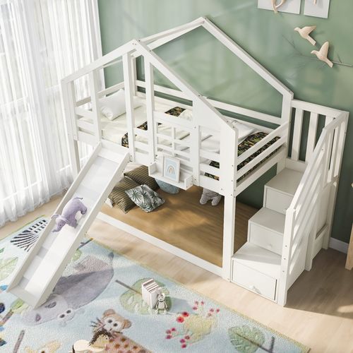 Lit Cabane Bois 90x200 Cm - Montessori, Tiroirs, Protection Contre Les Chutes, Pin Et Mdf, Blanc