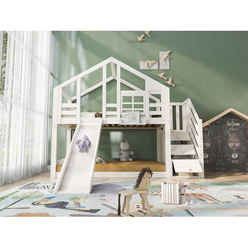 Lit Cabane Bois 90x200 Cm - Montessori, Tiroirs, Protection Contre Les Chutes, Pin Et Mdf, Blanc