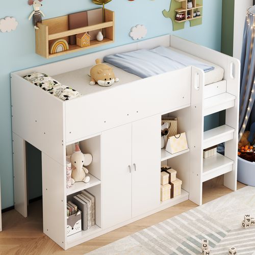 Lit Mezzanine 90x200 Cm Simple Avec Échelle Sécurisée, Placard Et Rangement, Pin Et Mdf, Blanc