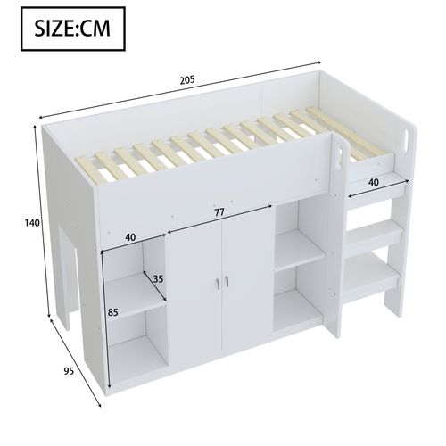 Lit Mezzanine 90x200 Cm Simple Avec Échelle Sécurisée, Placard Et Rangement, Pin Et Mdf, Blanc
