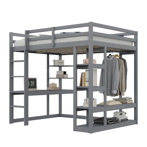 Lit Mezzanine 140×200 Cm Double Avec Bureau, Rangements Et Échelle, Pin Et Mdf, Gris