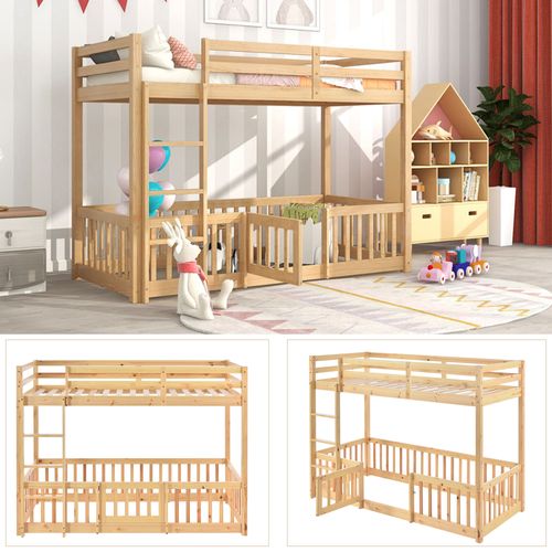 Lit Superposé 90x200 Cm Enfant Avec Escalier D'angle, Barrières, Petite Porte, Bois Naturel