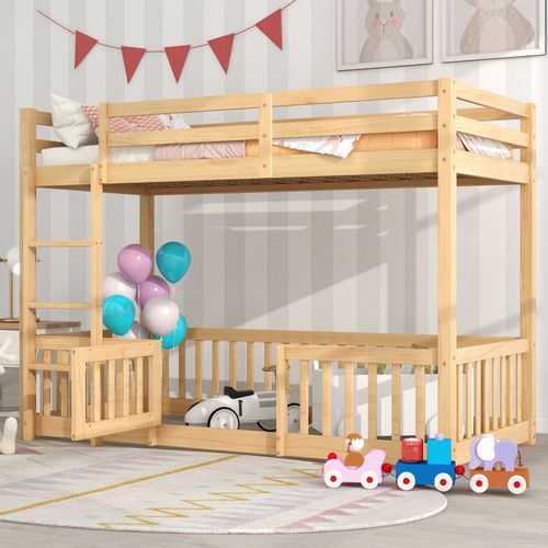 Lit Superposé 90x200 Cm Enfant Avec Escalier D'angle, Barrières, Petite Porte, Bois Naturel