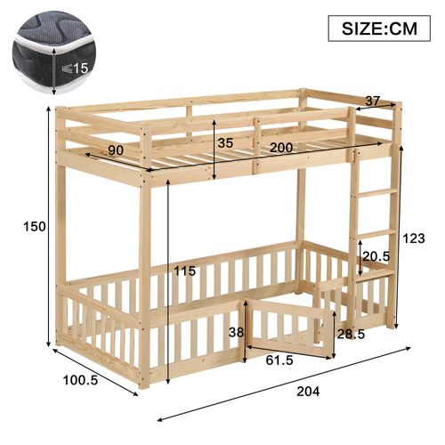 Lit Superposé 90x200 Cm Enfant Avec Escalier D'angle, Barrières, Petite Porte, Bois Naturel