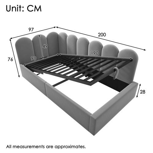 Lit Coffre 90x190 Cm - Lit Enfant Avec Rangement Hydraulique, Structure Métal Et Bois, Velours Gris