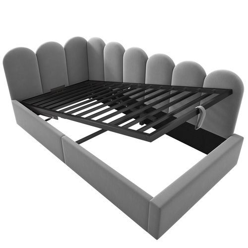 Lit Coffre 90x190 Cm - Lit Enfant Avec Rangement Hydraulique, Structure Métal Et Bois, Velours Gris