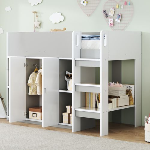 Lit Mezzanine 90x200 Cm Simple Avec Échelle Sécurisée, Placard Et Rangement, Pin Et Mdf, Gris