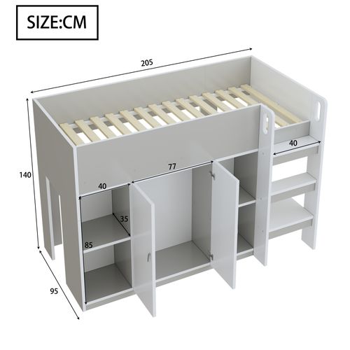 Lit Mezzanine 90x200 Cm Simple Avec Échelle Sécurisée, Placard Et Rangement, Pin Et Mdf, Gris