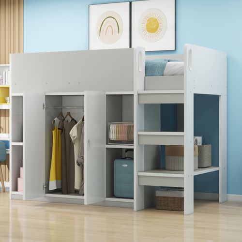 Lit Mezzanine 90x200 Cm Simple Avec Échelle Sécurisée, Placard Et Rangement, Pin Et Mdf, Gris