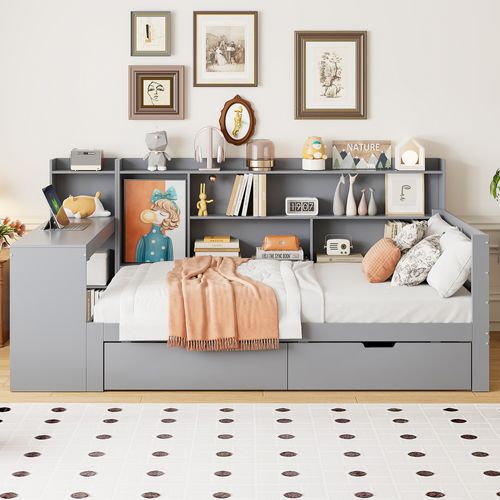 Lit Simple 90x200 Cm - Bureau, Bibliothèque Et Rangement Intégré, Bois Gris