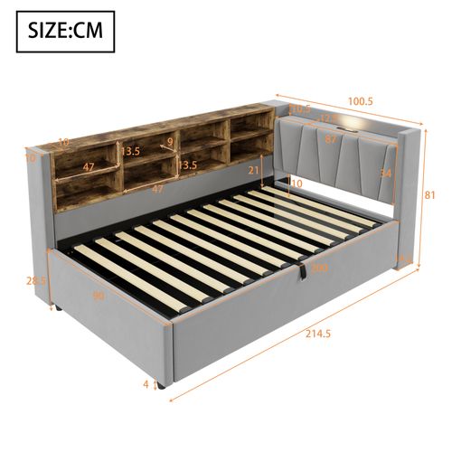 Lit Banquette Simple 90x200 Cm - Rangement Hydraulique, Étagères Et Ports USB, Velours Gris Clair