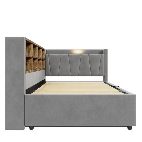 Lit Banquette Simple 90x200 Cm - Rangement Hydraulique, Étagères Et Ports USB, Velours Gris Clair