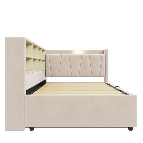 Lit Banquette Simple 90x200 Cm - Rangement Hydraulique, Étagères Et Ports USB, Velours Beige