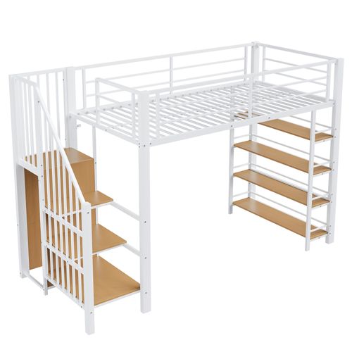 Lit Mezzanine 90x200 Cm - Lit Simple Avec Escalier Et Rangement, Mdf Et Métal, Blanc