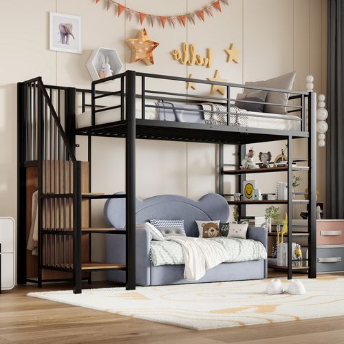 Lit Mezzanine 90x200 Cm Avec Escalier Sécurisé, Rangement Intégré, Structure Métal Et Mdf, Noir