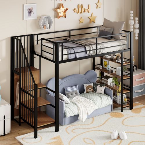 Lit Mezzanine 90x200 Cm Avec Escalier Sécurisé, Rangement Intégré, Structure Métal Et Mdf, Noir