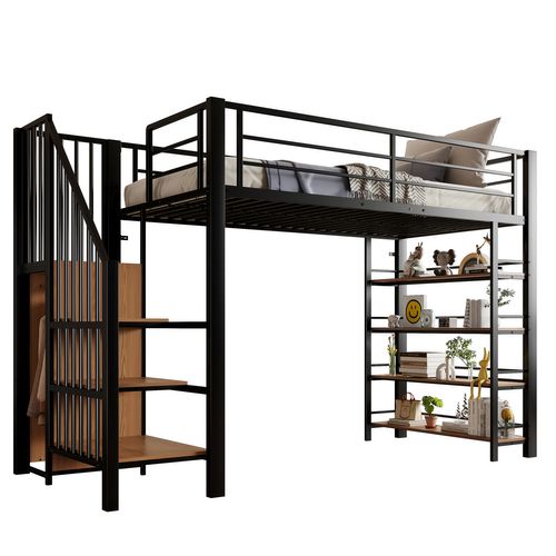 Lit Mezzanine 90x200 Cm Avec Escalier Sécurisé, Rangement Intégré, Structure Métal Et Mdf, Noir