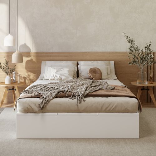 Lit Avec Rangements 140x200 Cm Double Avec Tiroirs Et Espace De Rangement, Bois Mdf, Blanc