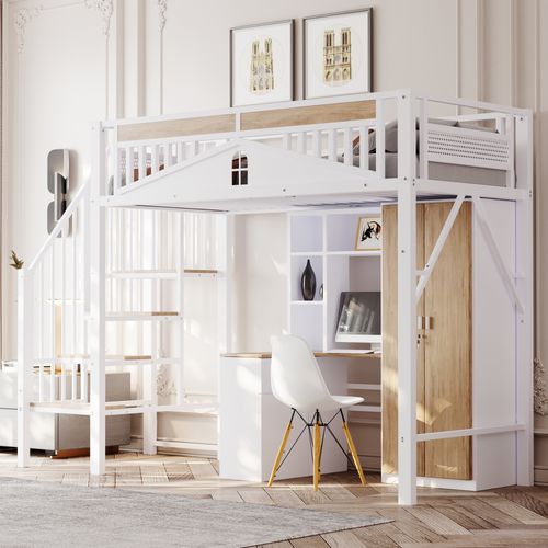 Lit Mezzanine Enfant 90x200 Cm - Rangement, Échelle Réversible, Design Boule, Fenêtre, Métal Blanc