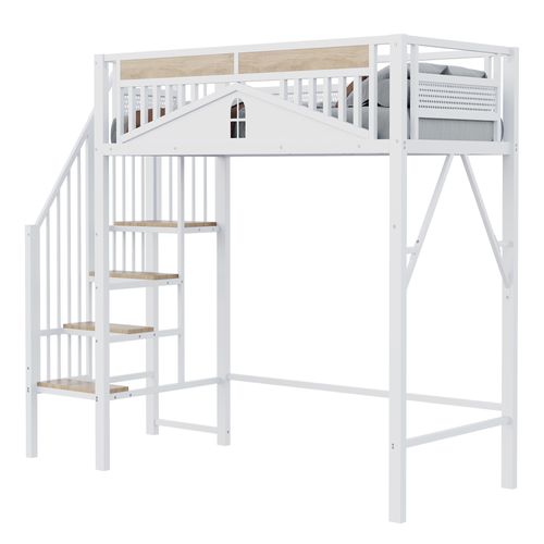 Lit Mezzanine Enfant 90x200 Cm - Rangement, Échelle Réversible, Design Boule, Fenêtre, Métal Blanc