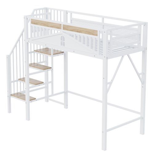 Lit Mezzanine Enfant 90x200 Cm - Rangement, Échelle Réversible, Design Boule, Fenêtre, Métal Blanc