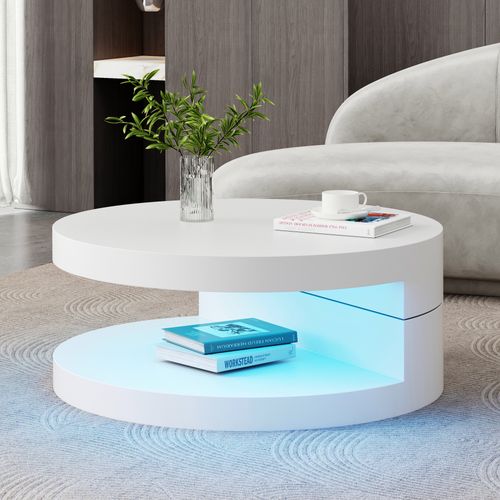 Table Basse - Tables De Salon Rotative 360° Avec Éclairage LED 16 Couleurs, Mdf, Blanc