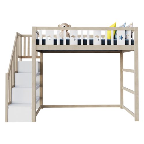 Lit Mezzanine Enfant 90x200 Cm - Escalier Intégré, Sécurité, Décor Lune Étoiles, Bois, Blanc/bois