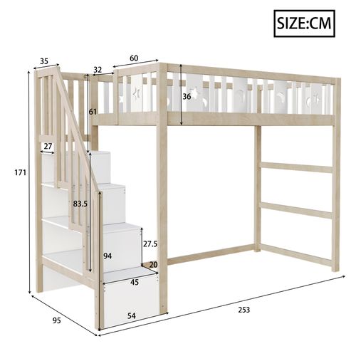 Lit Mezzanine Enfant 90x200 Cm - Escalier Intégré, Sécurité, Décor Lune Étoiles, Bois, Blanc/bois