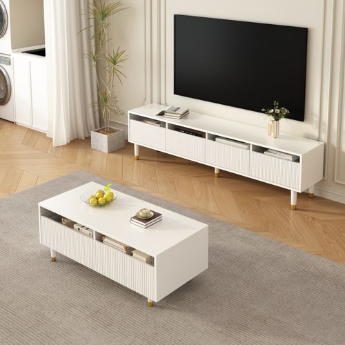 Table Basse LED Contemporaine, Rangement Avec 2 Tiroirs, Bande Lumineuse Intégrée, Mdf, Blanc