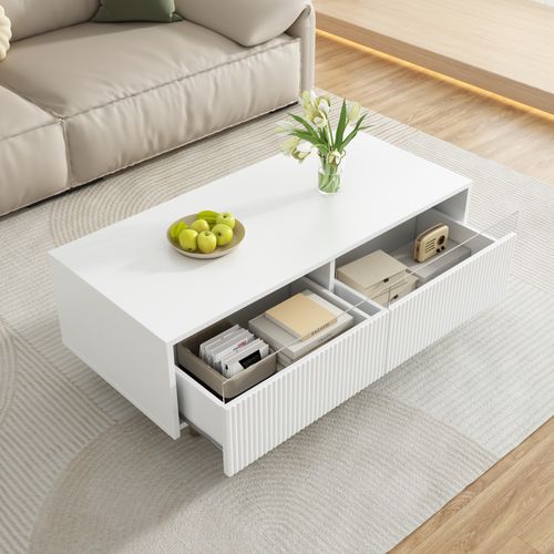 Table Basse LED Contemporaine, Rangement Avec 2 Tiroirs, Bande Lumineuse Intégrée, Mdf, Blanc