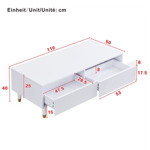 Table Basse LED Contemporaine, Rangement Avec 2 Tiroirs, Bande Lumineuse Intégrée, Mdf, Blanc