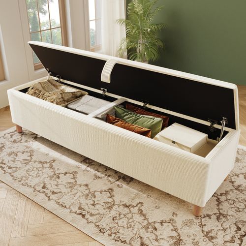 Banc De Lit Avec Coffre Hydraulique, Velours Côtelé, Bois  Et Mdf, Beige