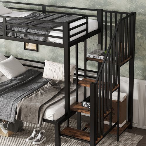 Lit Superposé Enfant 90x200 Cm Et 120x200 Cm Avec Échelle D’angle Et Rangement, Métal Et Mdf, Noir