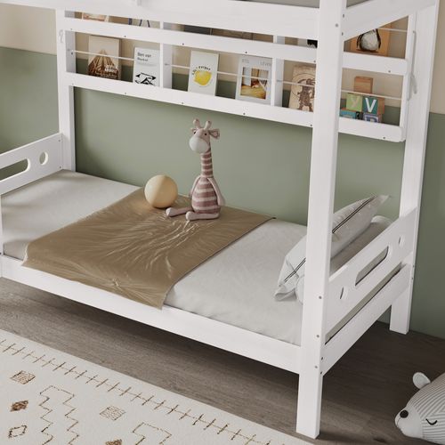 Lit Superposé 90x200 Cm Enfant, Barrière Sécurité, Étagère Ouverte Et Rangements, Pin + Mdf, Blanc