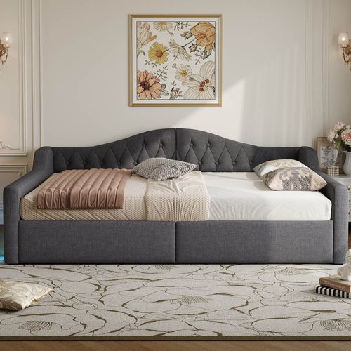 Lit Gigogne 140x200 Cm - Lit Double Avec Coffre Mdf Et Lin - Montage Requis - Gris