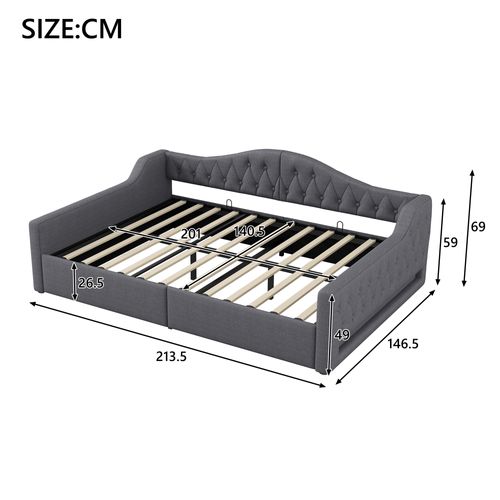 Lit Gigogne 140x200 Cm - Lit Double Avec Coffre Mdf Et Lin - Montage Requis - Gris