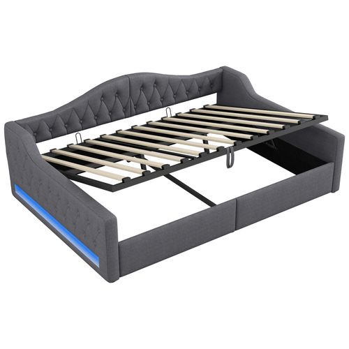 Lit Gigogne 140x200 Cm - Lit Double Avec Coffre Mdf Et Lin - Montage Requis - Gris