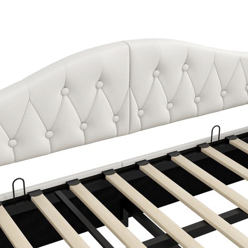 Lit Gigogne 90x200 Cm - Lit Simple Avec LED 7 S Réglables - Mdf Et Lin - Beige