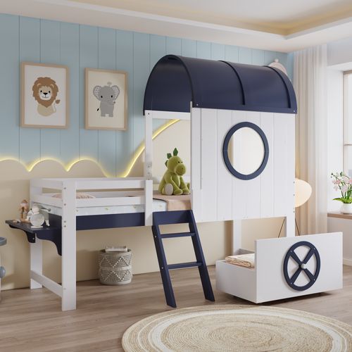 Lit Enfant 90x200 Cm - Lit Cabane Avec Rangement Et Design Marin - Pin Et Mdf - Blanc + Bleu Foncé