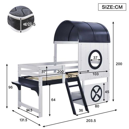 Lit Enfant 90x200 Cm - Lit Cabane Avec Rangement Et Design Marin - Pin Et Mdf - Blanc + Bleu Foncé