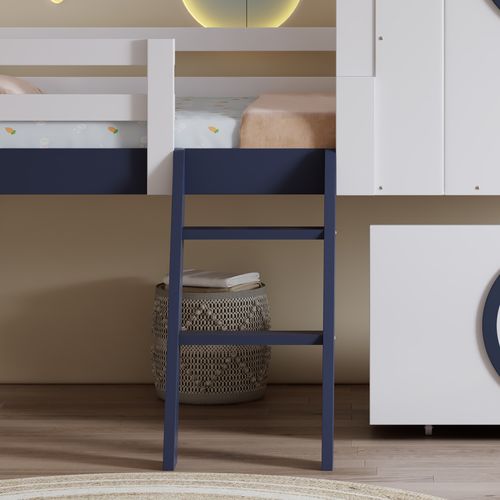 Lit Enfant 90x200 Cm - Lit Cabane Avec Rangement Et Design Marin - Pin Et Mdf - Blanc + Bleu Foncé