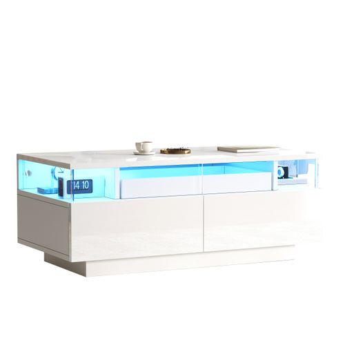 Table Basse Moderne, LED Intégrée, 2 Tiroirs, Rangement, Mdf + Verre Trempé + Acrylique – Blanc