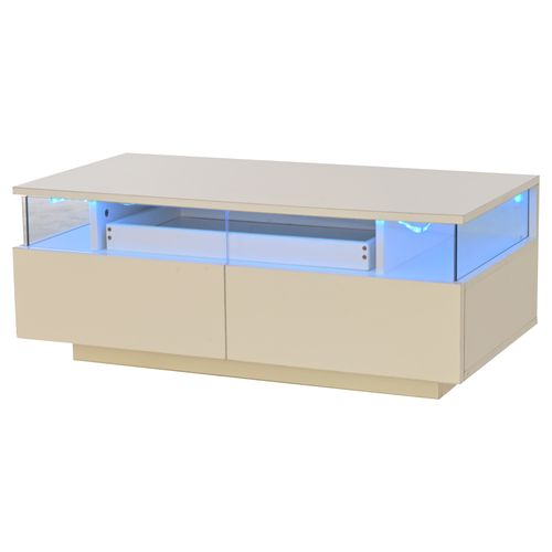 Table Basse Moderne, LED Intégrée, 2 Tiroirs, Rangement, Mdf + Verre Trempé + Acrylique – Blanc