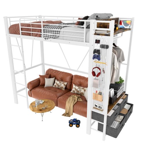 Lit Mezzanine 90x200 Cm - Lit Déco Avec Bureau Et Rangement - Métal Et Mdf - Blanc