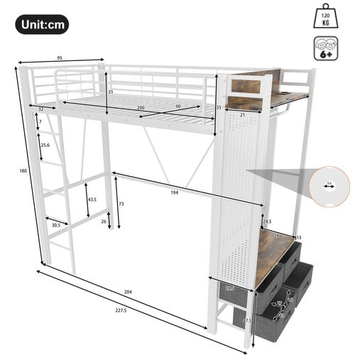 Lit Mezzanine 90x200 Cm - Lit Déco Avec Bureau Et Rangement - Métal Et Mdf - Blanc
