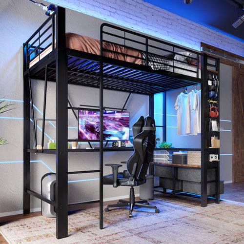 Lit Mezzanine 90x200 Cm - Lit Déco Avec Rangement - Métal Et Mdf - Noir