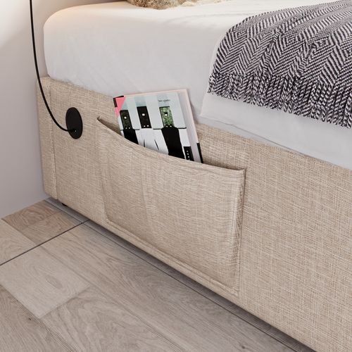 Lit Coffre Simple Enfant 90x200 Cm, Coffre Hydraulique, Bibliothèque, Port USB-c, Lin/bois, Naturel