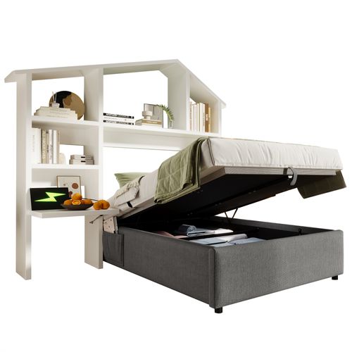 Lit Coffre Enfant 90x190 Cm - Lit Simple Avec Bibliothèque Et Rangement Hydraulique, Gris