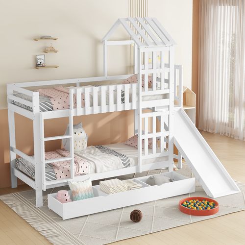 Lit Superposé 90x200 Cm - Lit Enfant Avec Espacement De 92,8 Cm - Bois Massif + Mdf - Blanc